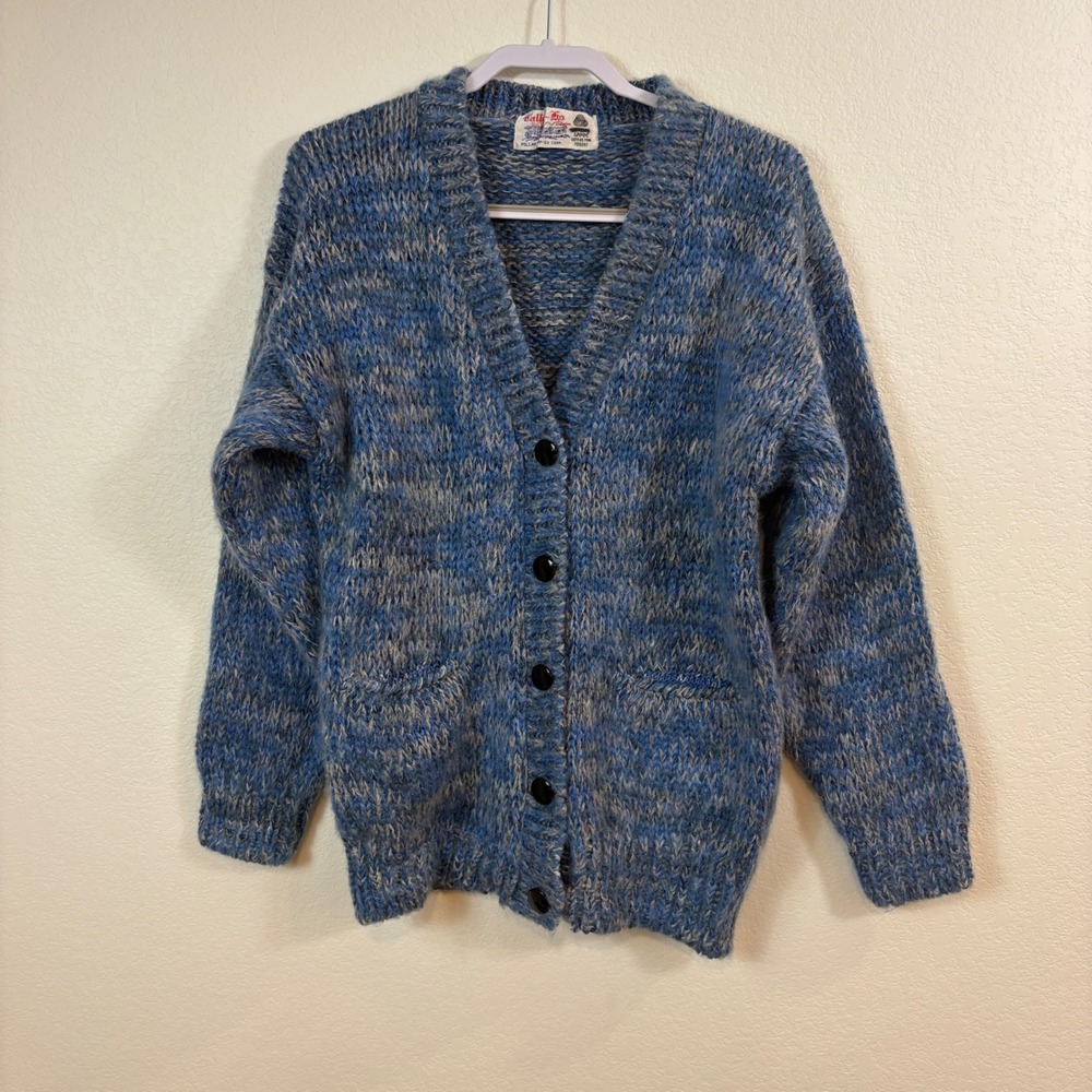 Tally Ho Cardigan Mens XL Blue Vintage 50s 60s Wool Chunky Sweater Grandpa Cozy